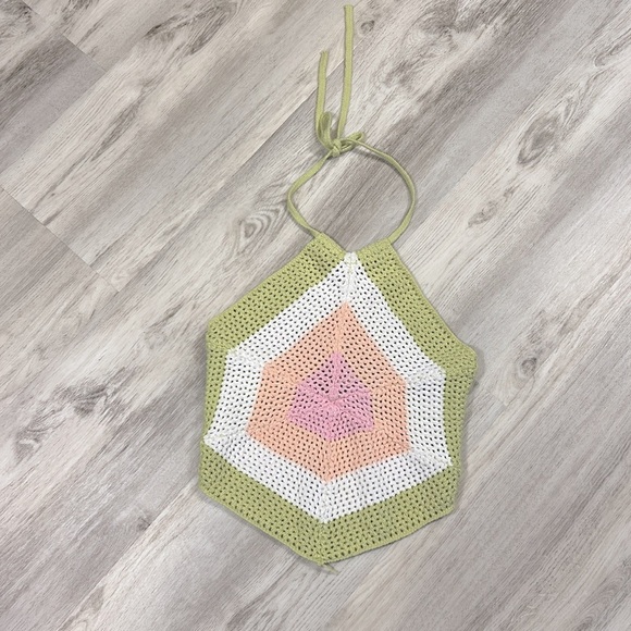 Blue Blush Y2K Fairycore Crochet Halter Tie Top – Green Pink Peach White / Sz S - Picture 4 of 6